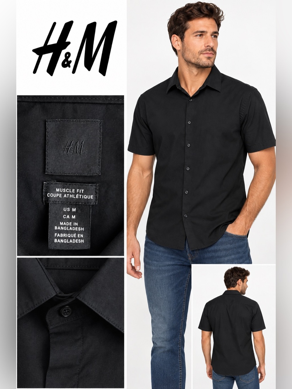 H&M Black Short-Sleeve Muscle Fit Button-Down Shirt